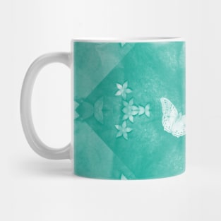 butterflies and flowers on a textured teal mandala Mug